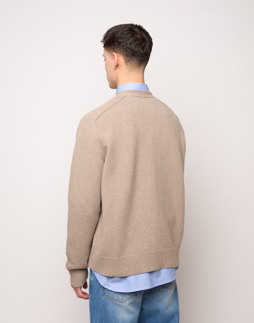 Genderless V-Neck Cardigan with Raglan Sleeves in Taupe Wool and Cashmere