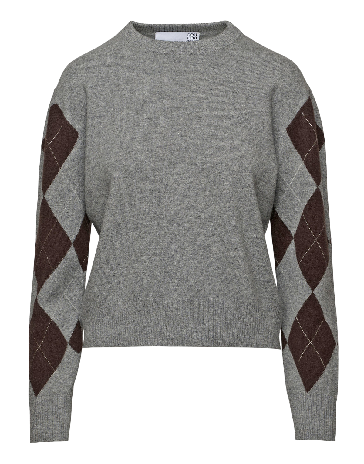 Grey/Dark Brown Argyle Intarsia Crew Neck Sweater