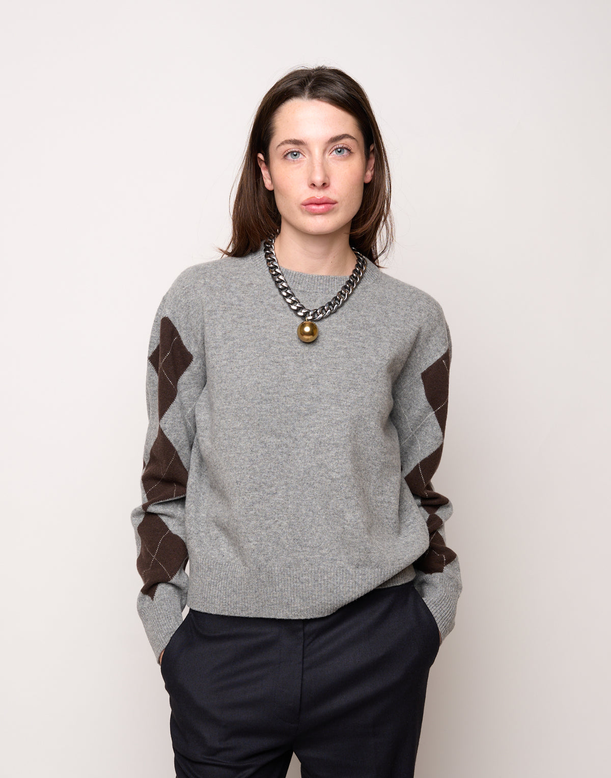 Maglia Girocollo con Intarsio Argyle Grigio/Moro