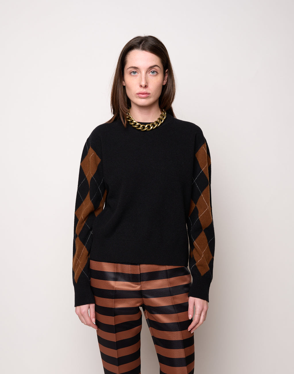 Maglia Girocollo con Intarsio Argyle Nero/Castagna