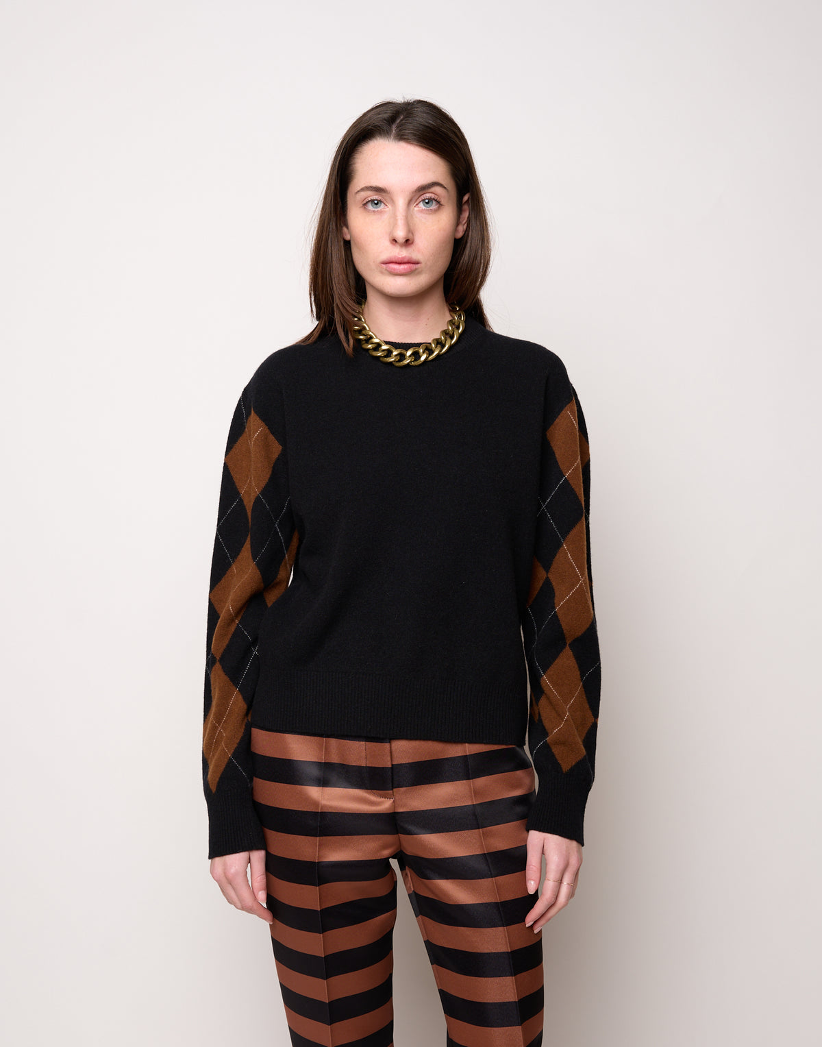 Maglia Girocollo con Intarsio Argyle Nero/Castagna