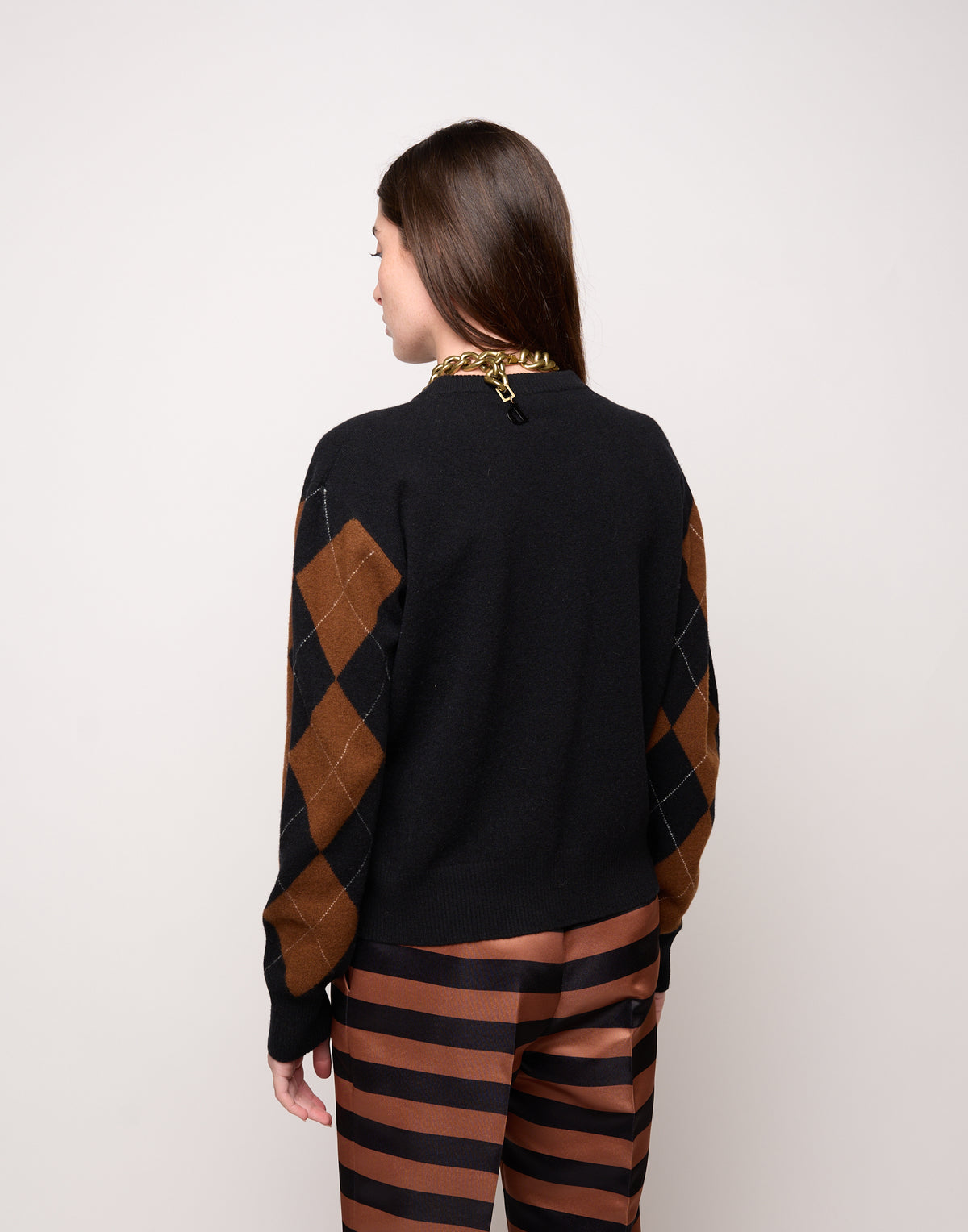 Maglia Girocollo con Intarsio Argyle Nero/Castagna
