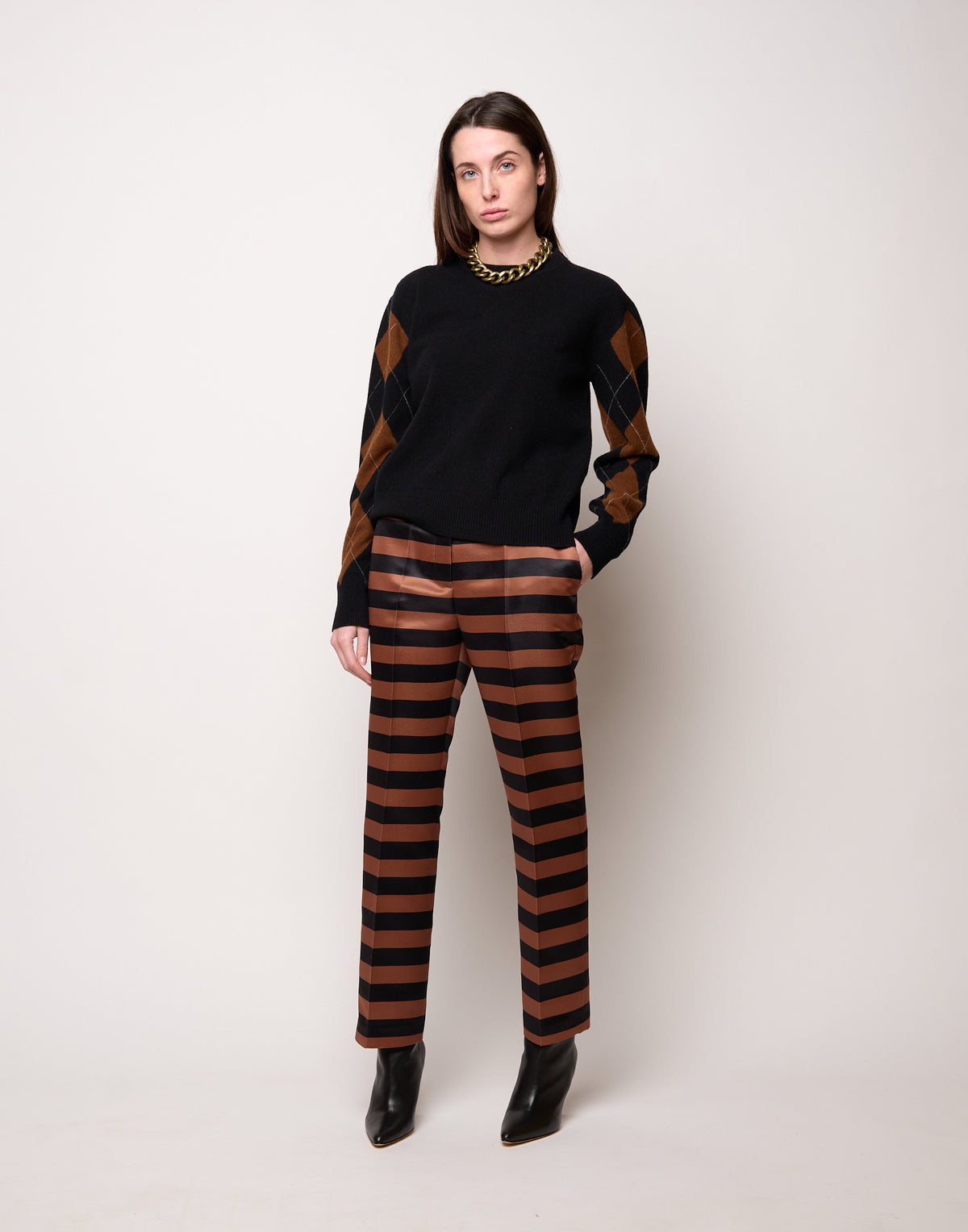 Maglia Girocollo con Intarsio Argyle Nero/Castagna