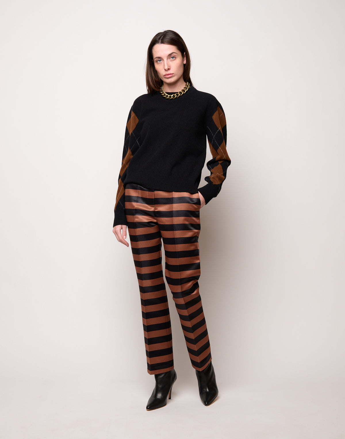 Maglia Girocollo con Intarsio Argyle Nero/Castagna