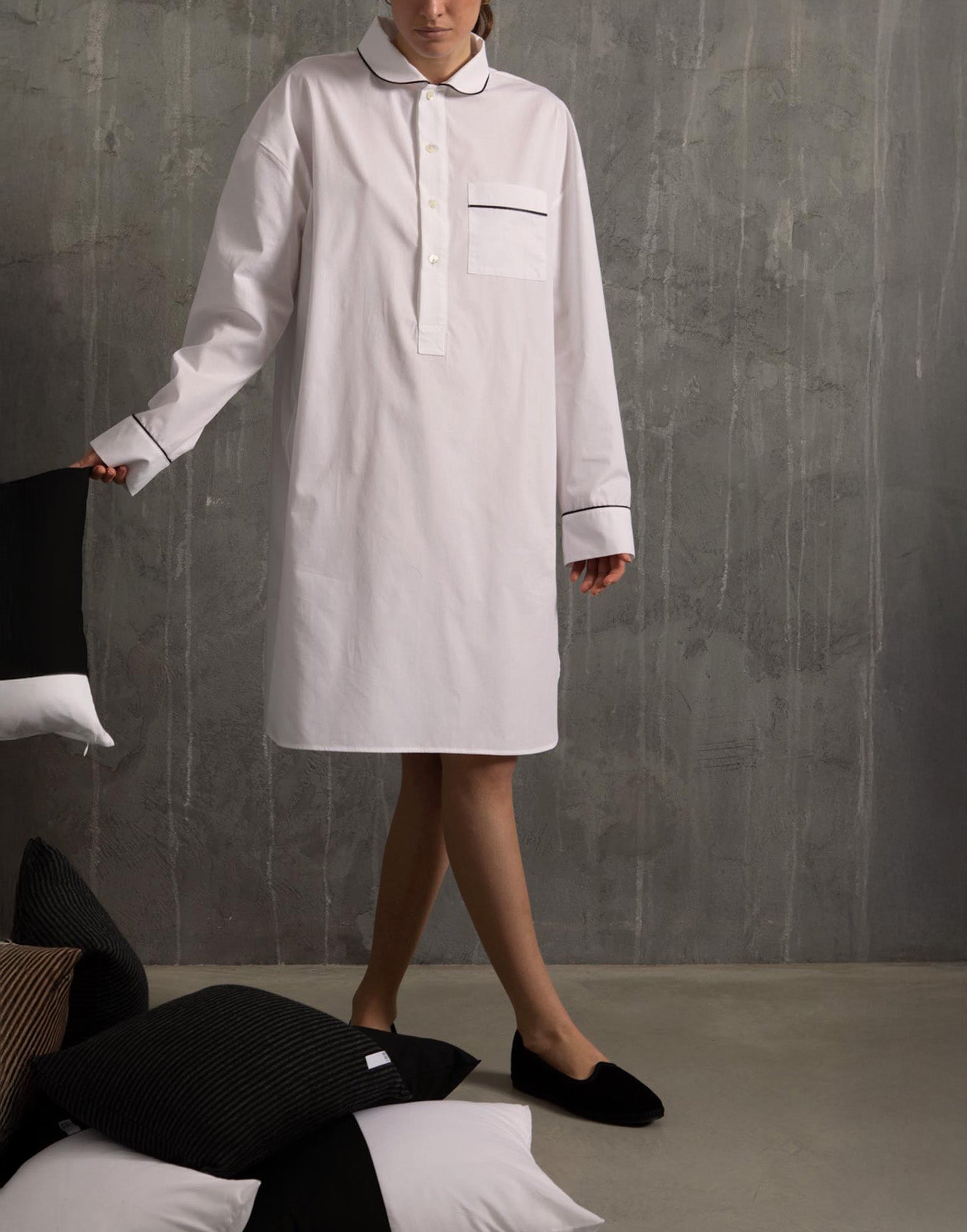 Abito Camicia in Popeline con Piping a Contrasto
