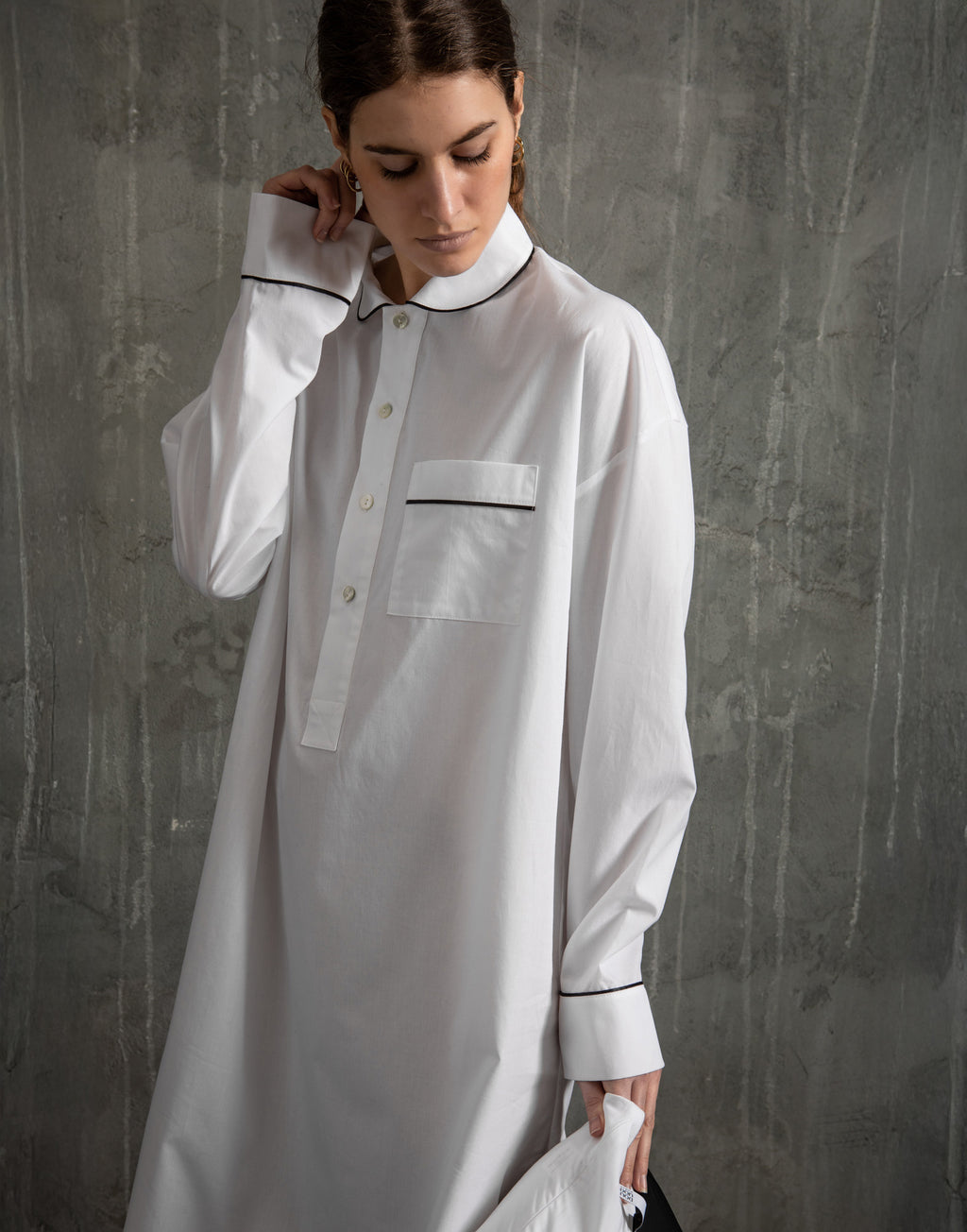 Abito Camicia in Popeline con Piping a Contrasto