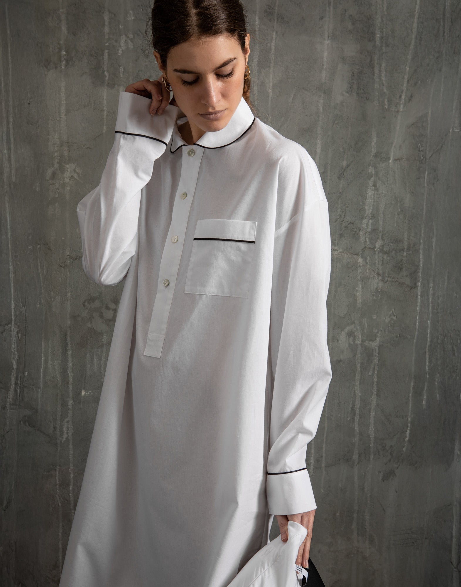 Abito Camicia in Popeline con Piping a Contrasto