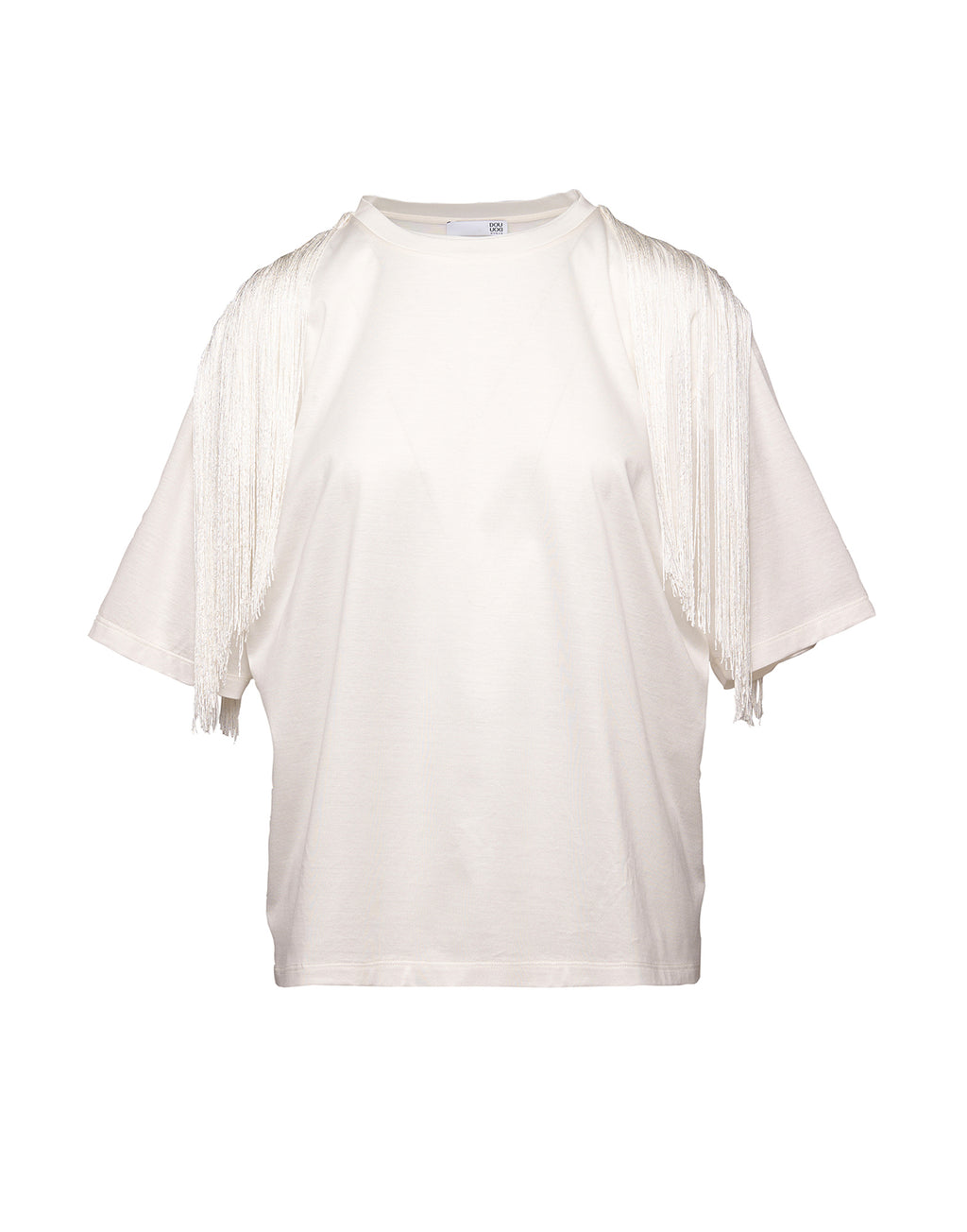 T-shirt in Cotone Makò con Frange sulle Spalle Latte