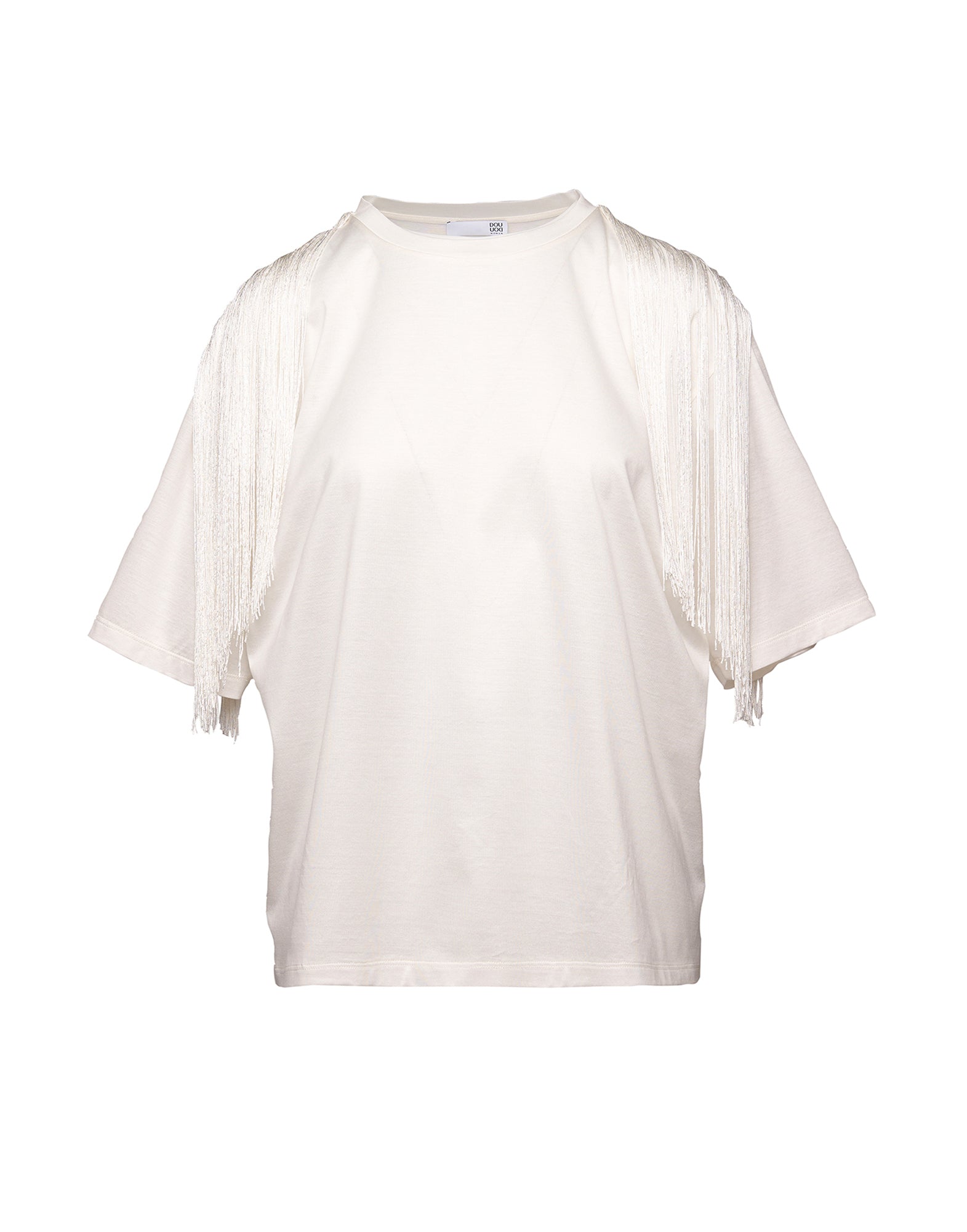 T-shirt in Cotone Makò con Frange sulle Spalle Latte