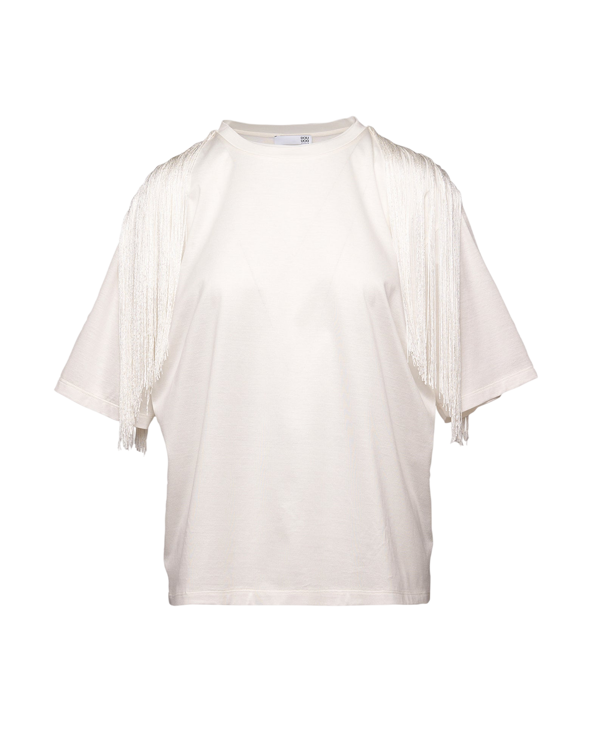 T-shirt en coton Mako avec franges aux épaules couleur lait
