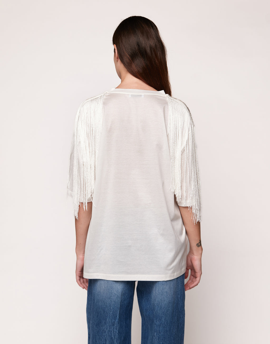 T-shirt in Cotone Makò con Frange sulle Spalle Latte