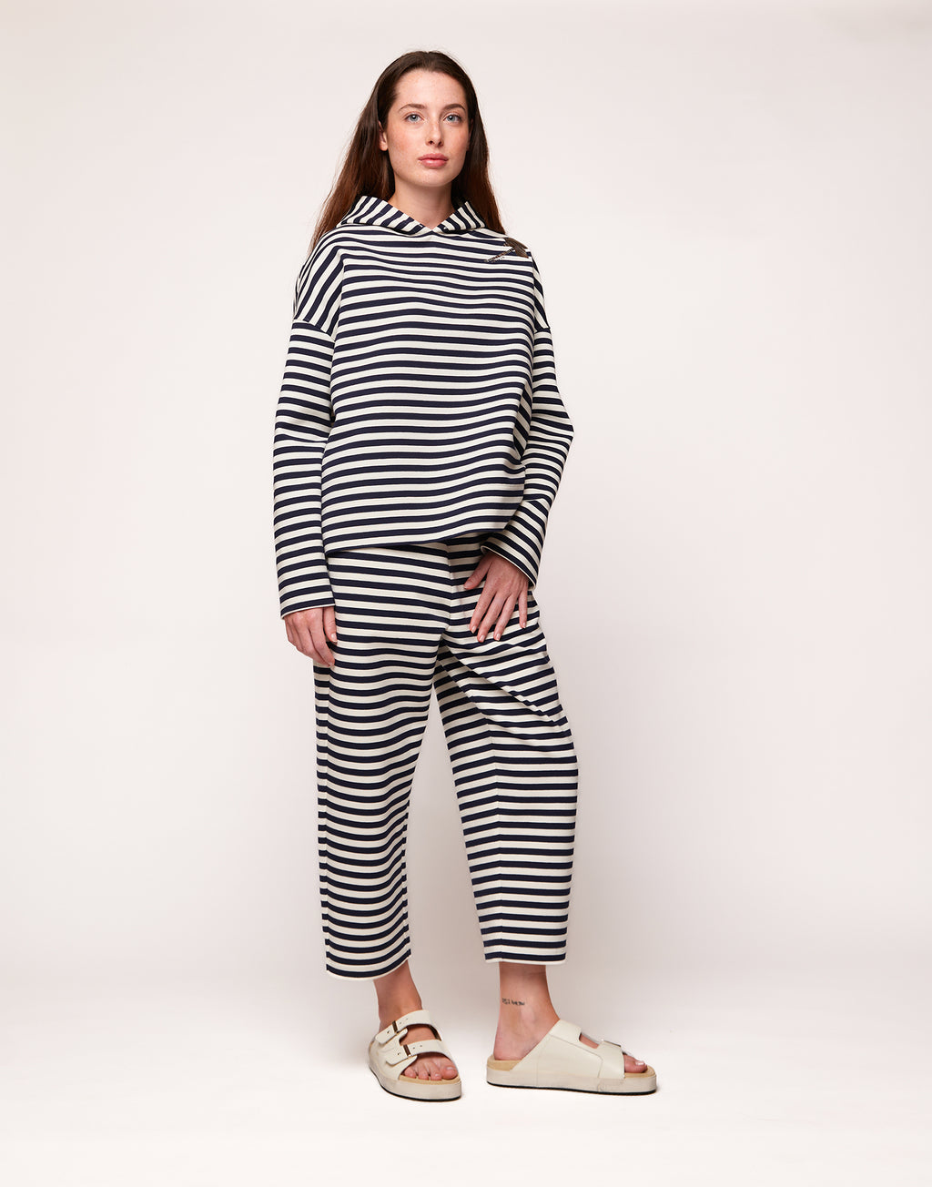 Pantaloni Japan in Felpa Rigata Sartoriale Blu Navy/Latte