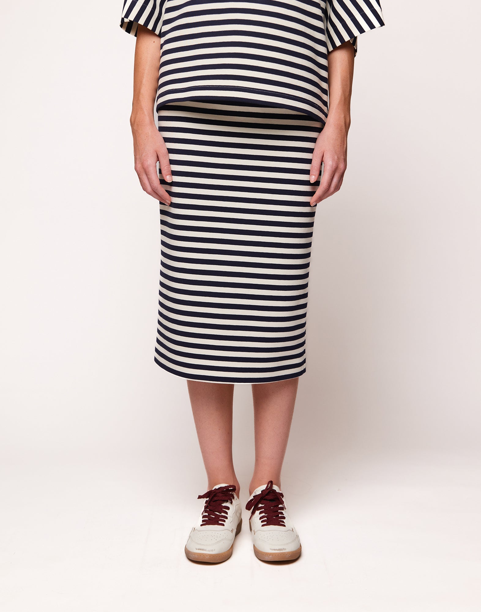 Gonna Longuette in Felpa Rigata Sartoriale Blu Navy/Latte