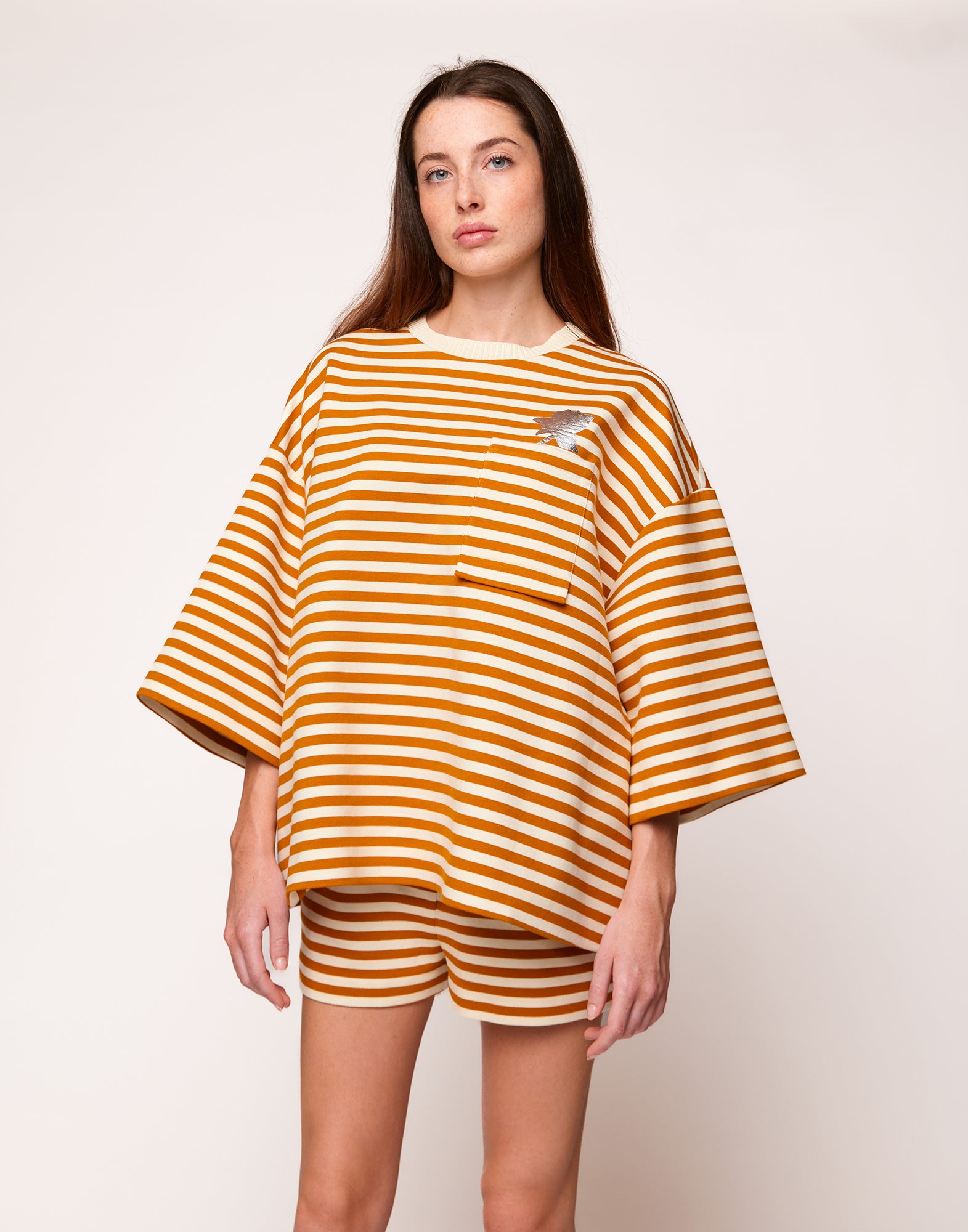 Felpa Taglio Kimono in Felpa Rigata Sartoriale Zafferano/Latte