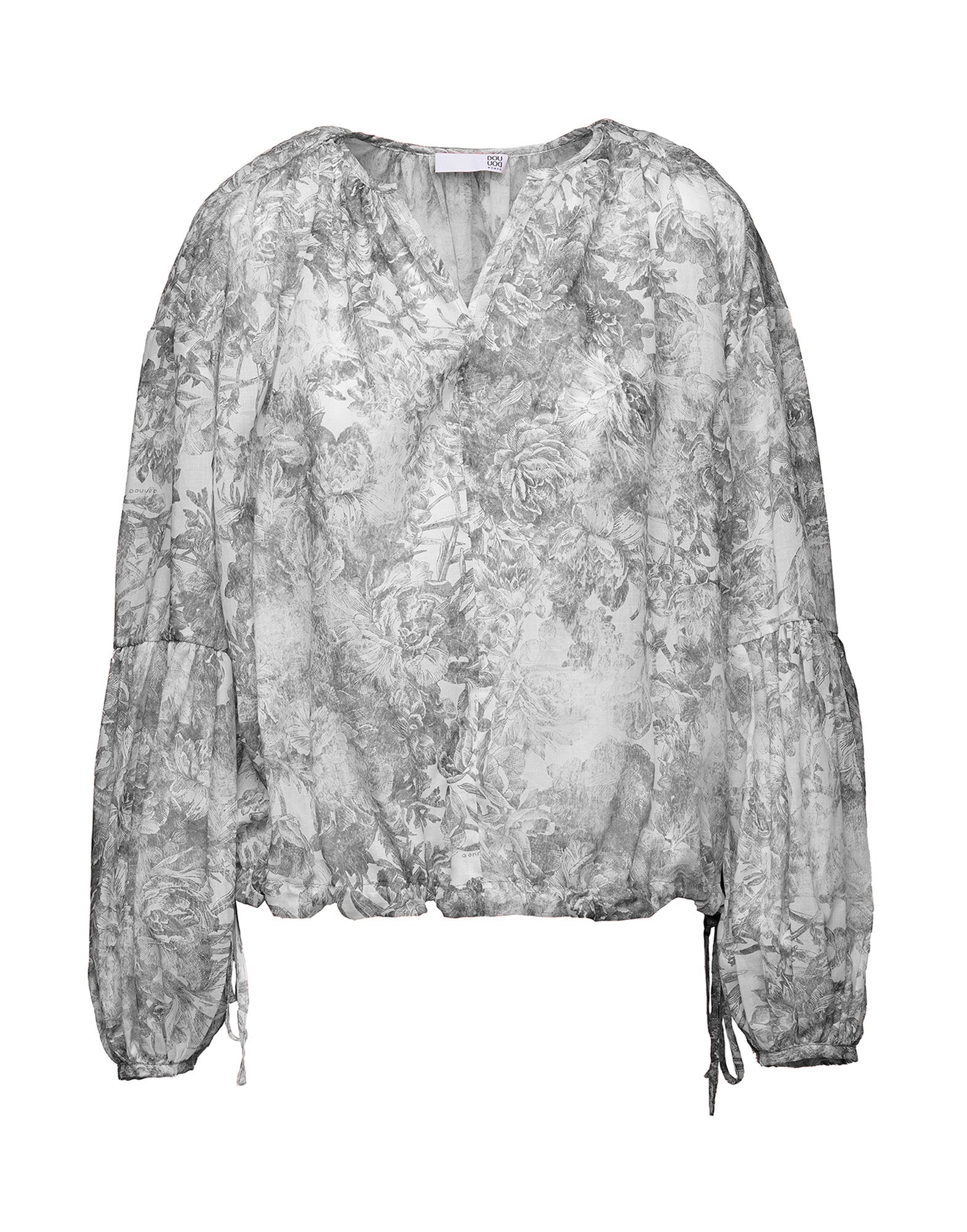 Blusa con Manica a Balloon in Mussola Floreale Steel
