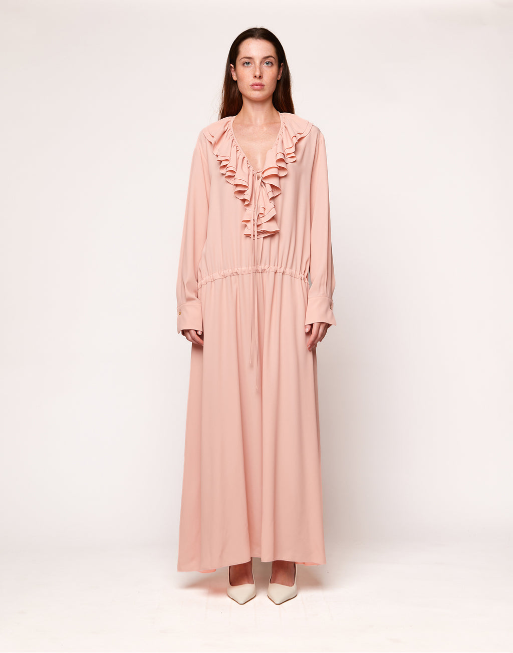 Abito Lungo con Rouches in Crepe de Chine Blush