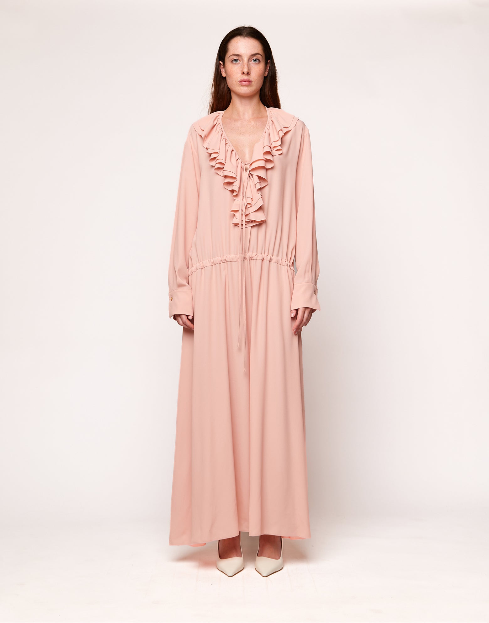 Abito Lungo con Rouches in Crepe de Chine Blush