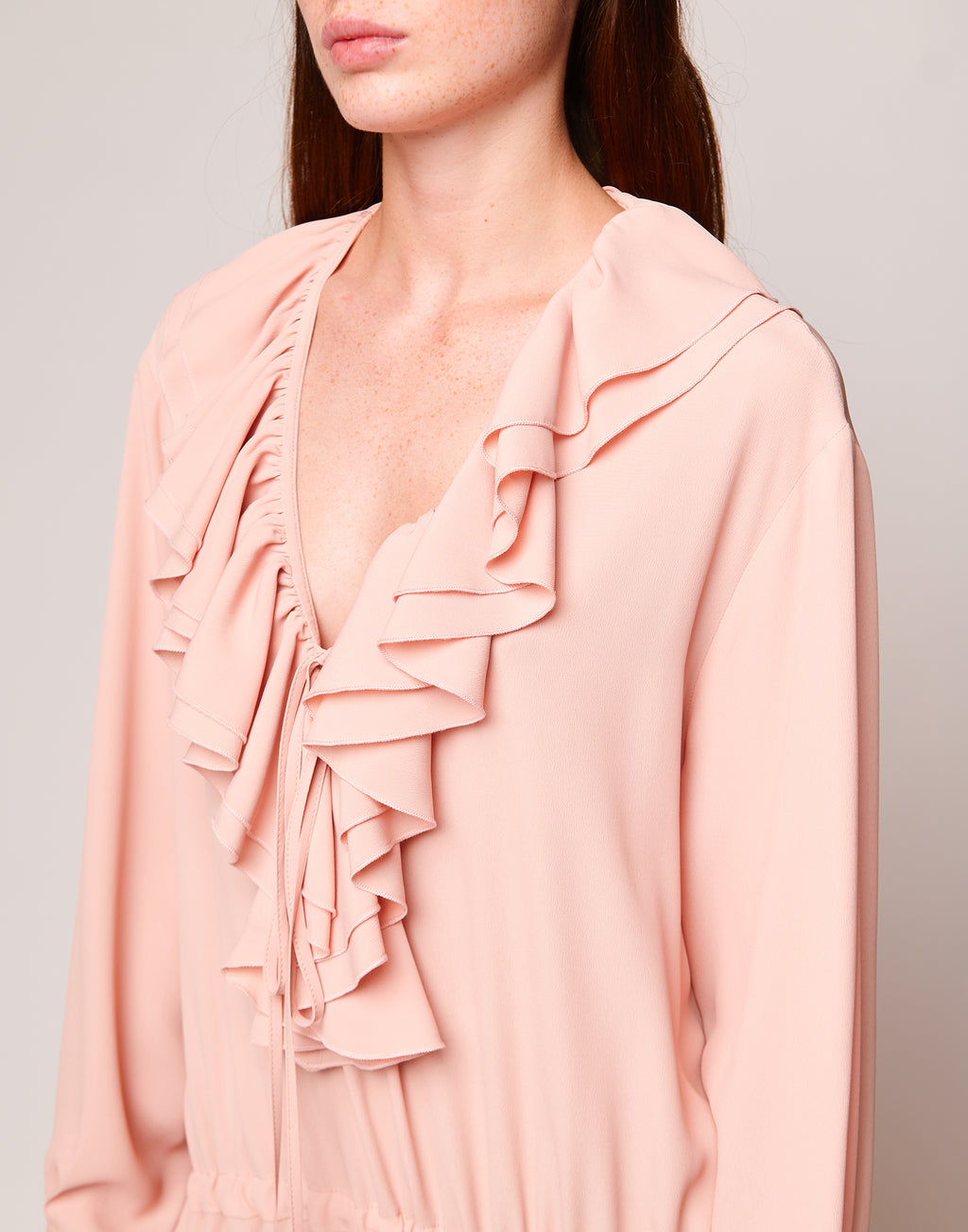 Abito Lungo con Rouches in Crepe de Chine Blush