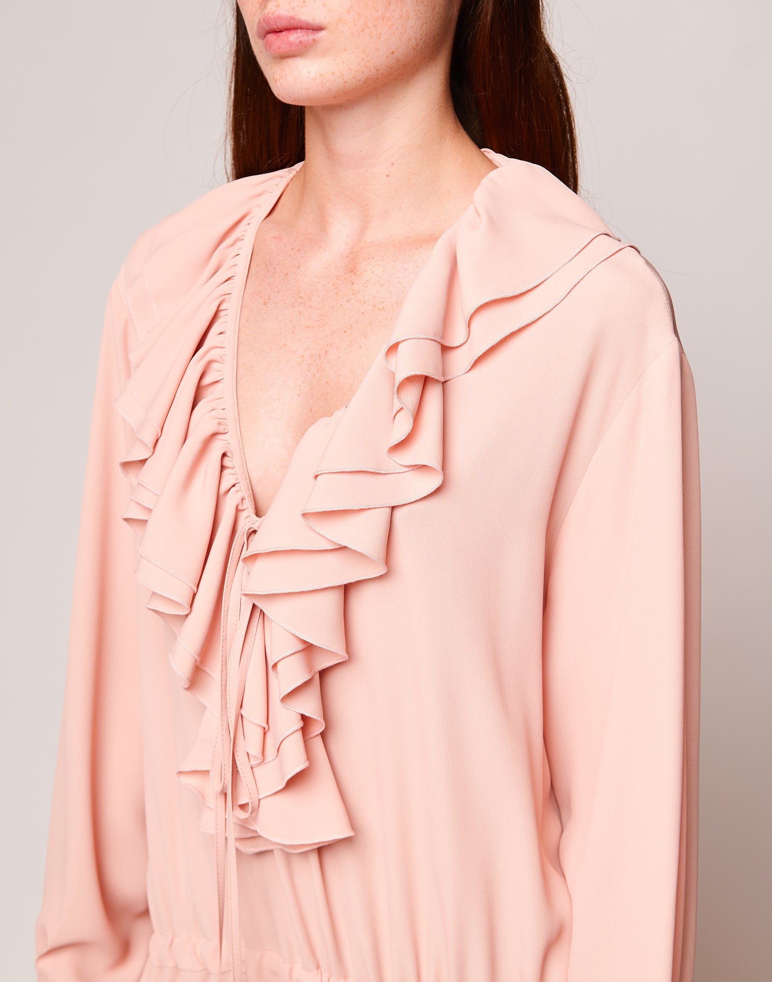 Abito Lungo con Rouches in Crepe de Chine Blush