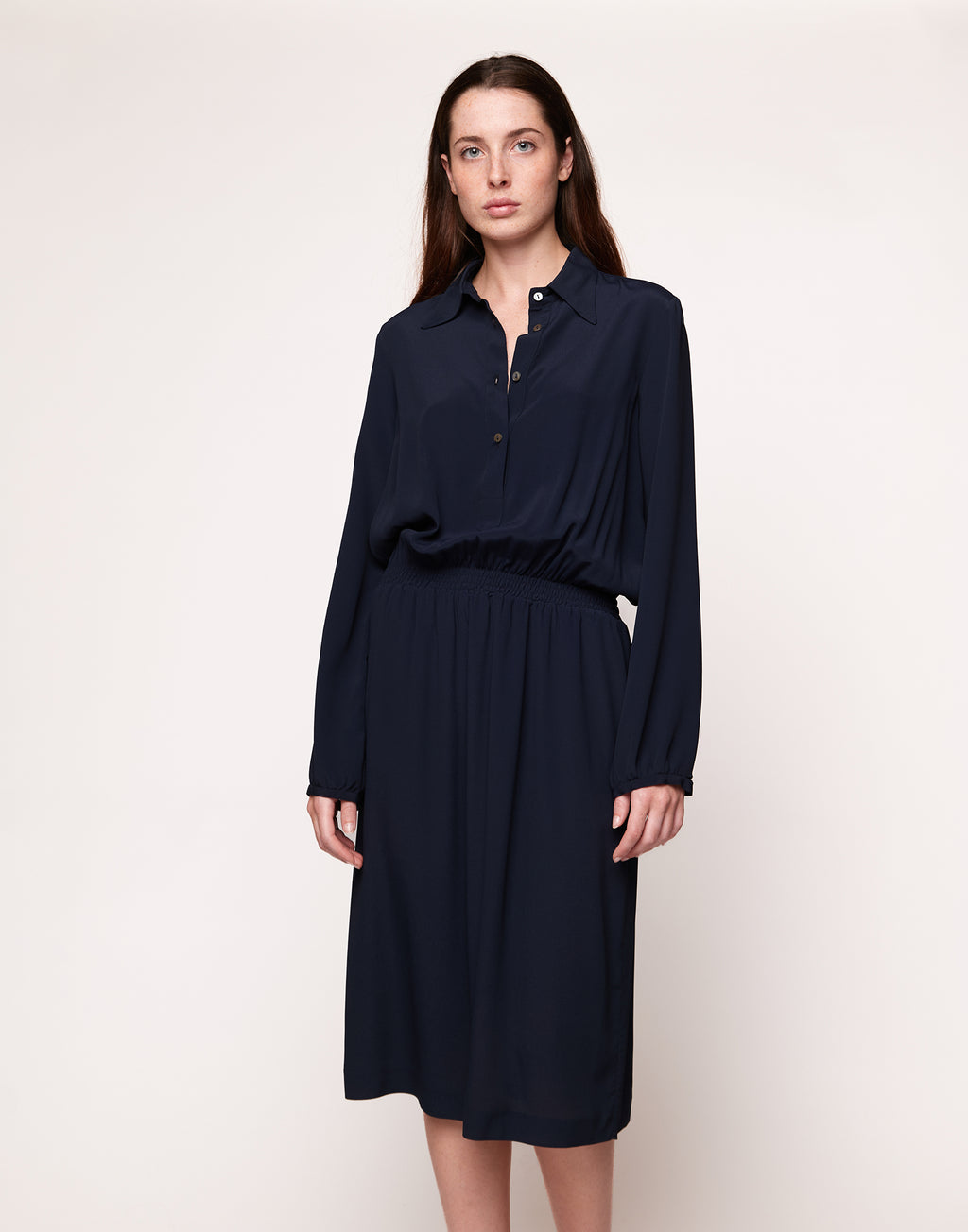 Abito a Camicia in Crepe de Chine Navy Blu