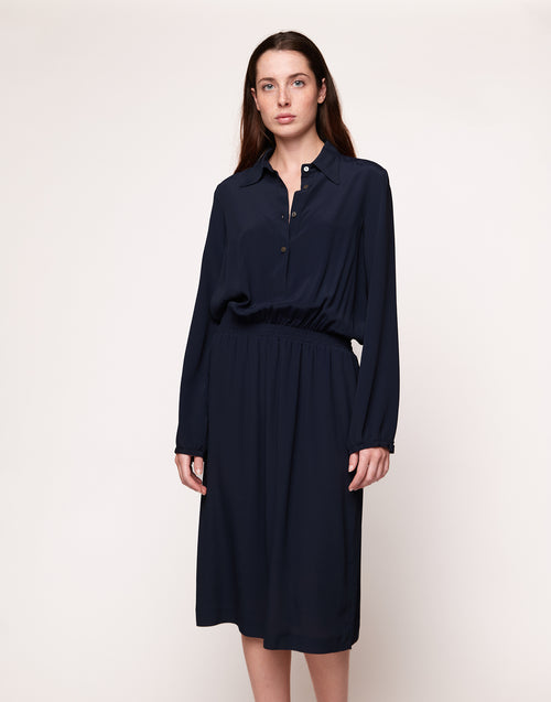 Abito a Camicia in Crepe de Chine Navy Blu