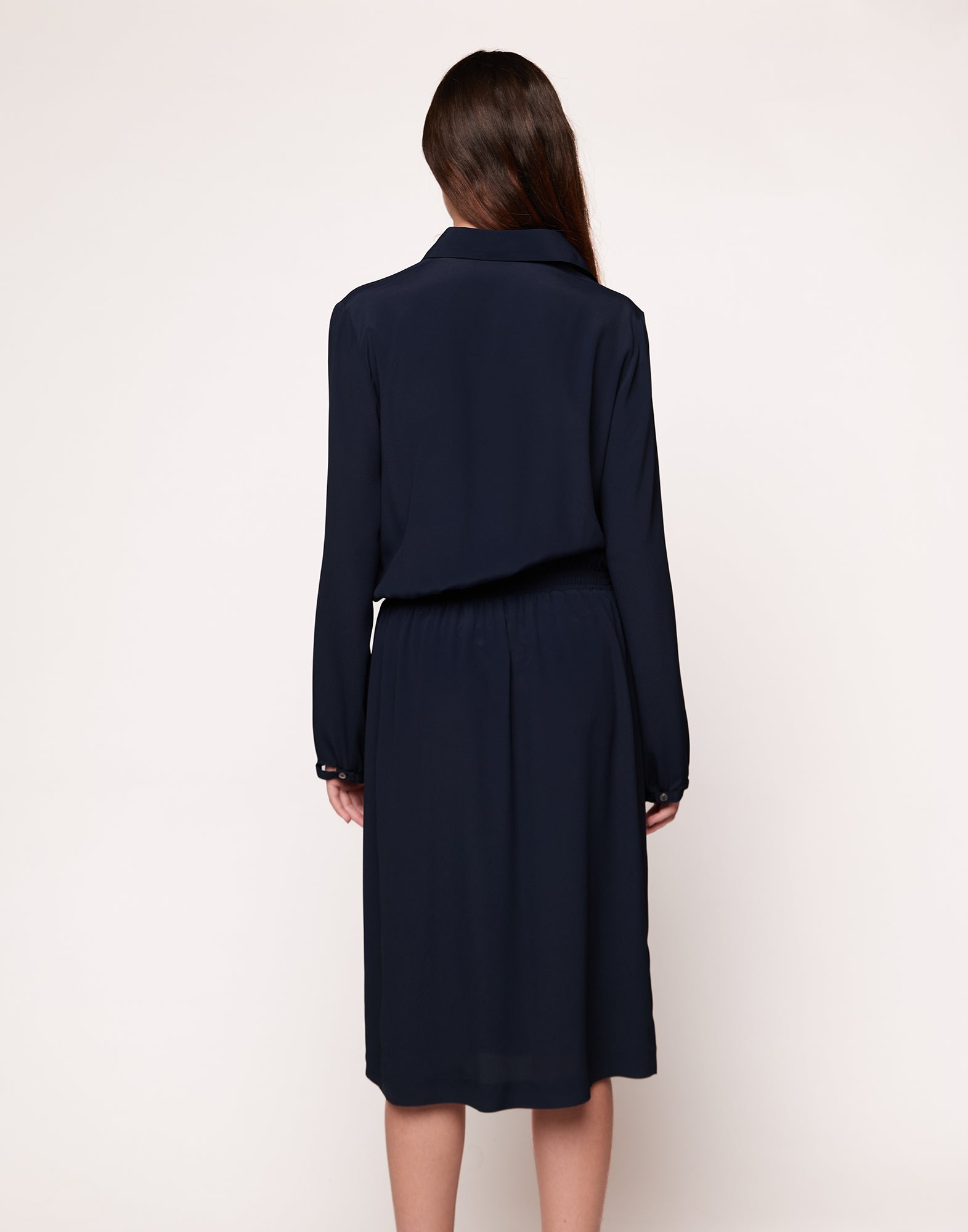 Abito a Camicia in Crepe de Chine Navy Blu