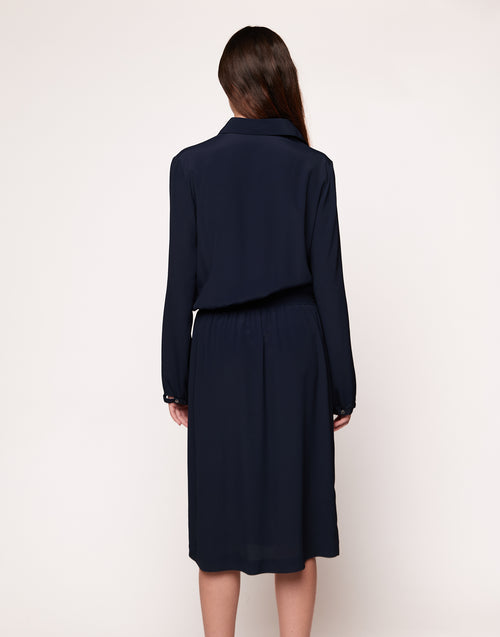 Abito a Camicia in Crepe de Chine Navy Blu