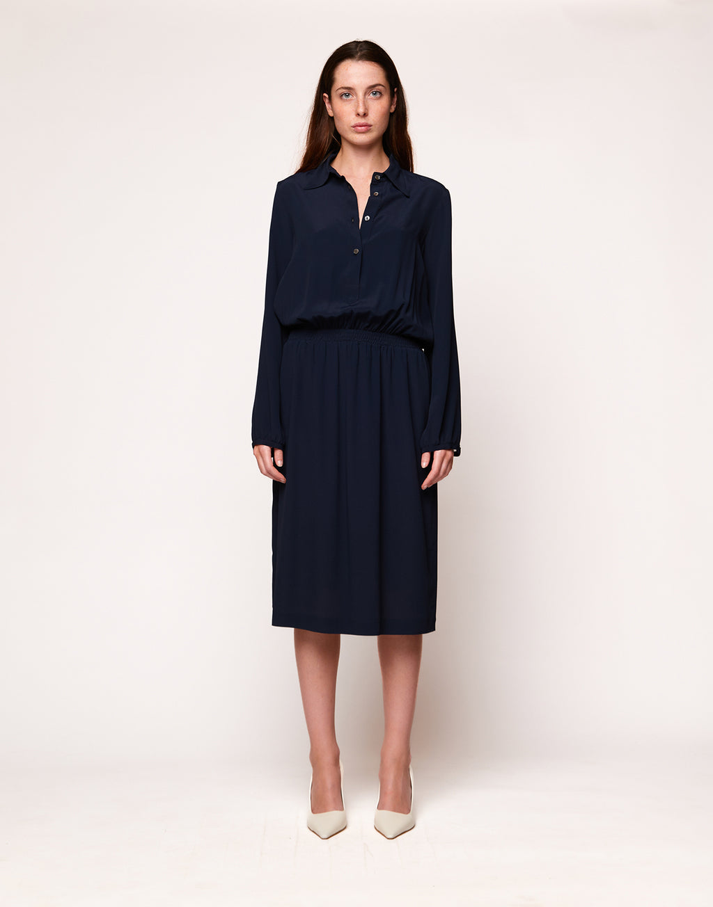 Abito a Camicia in Crepe de Chine Navy Blu
