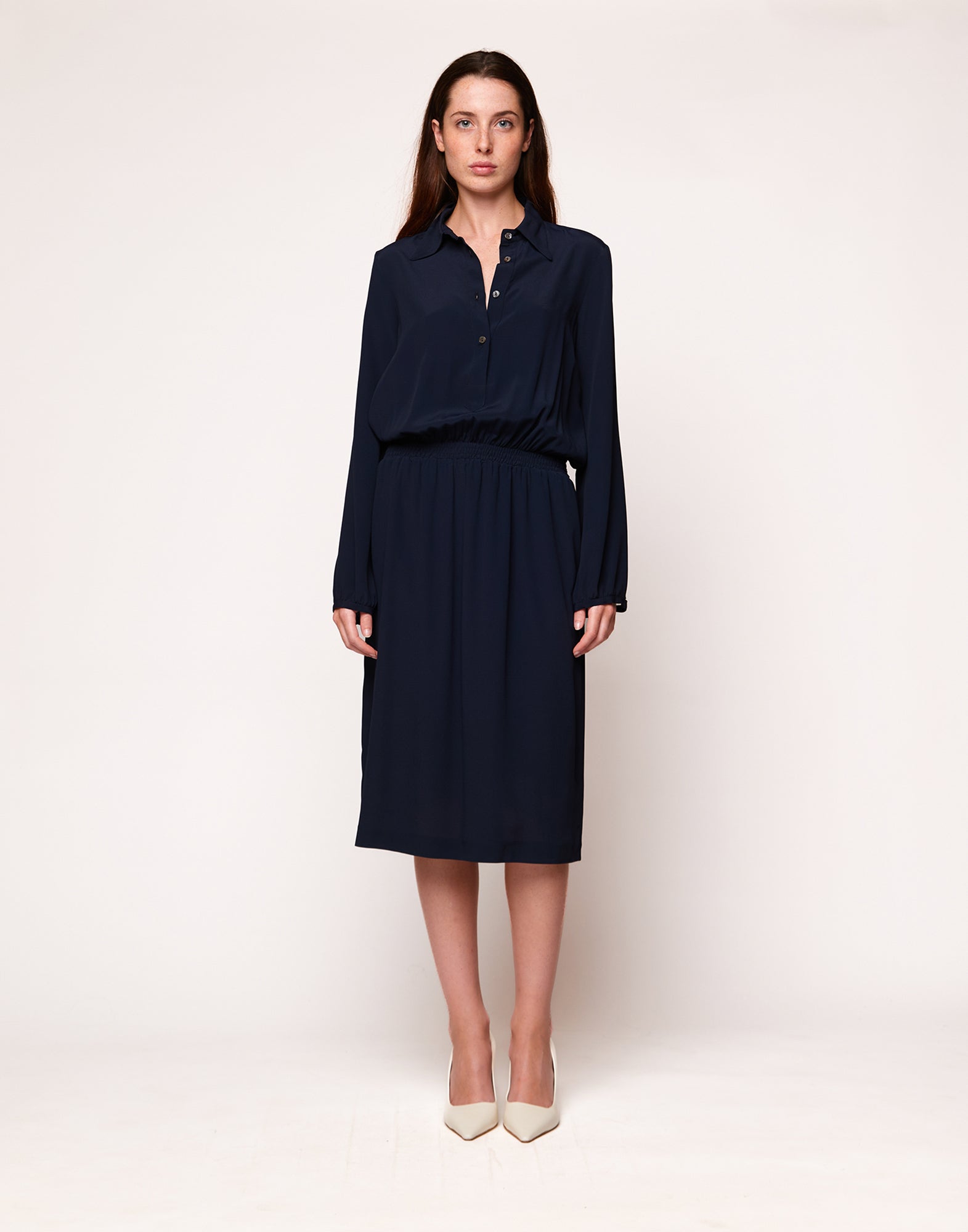 Abito a Camicia in Crepe de Chine Navy Blu