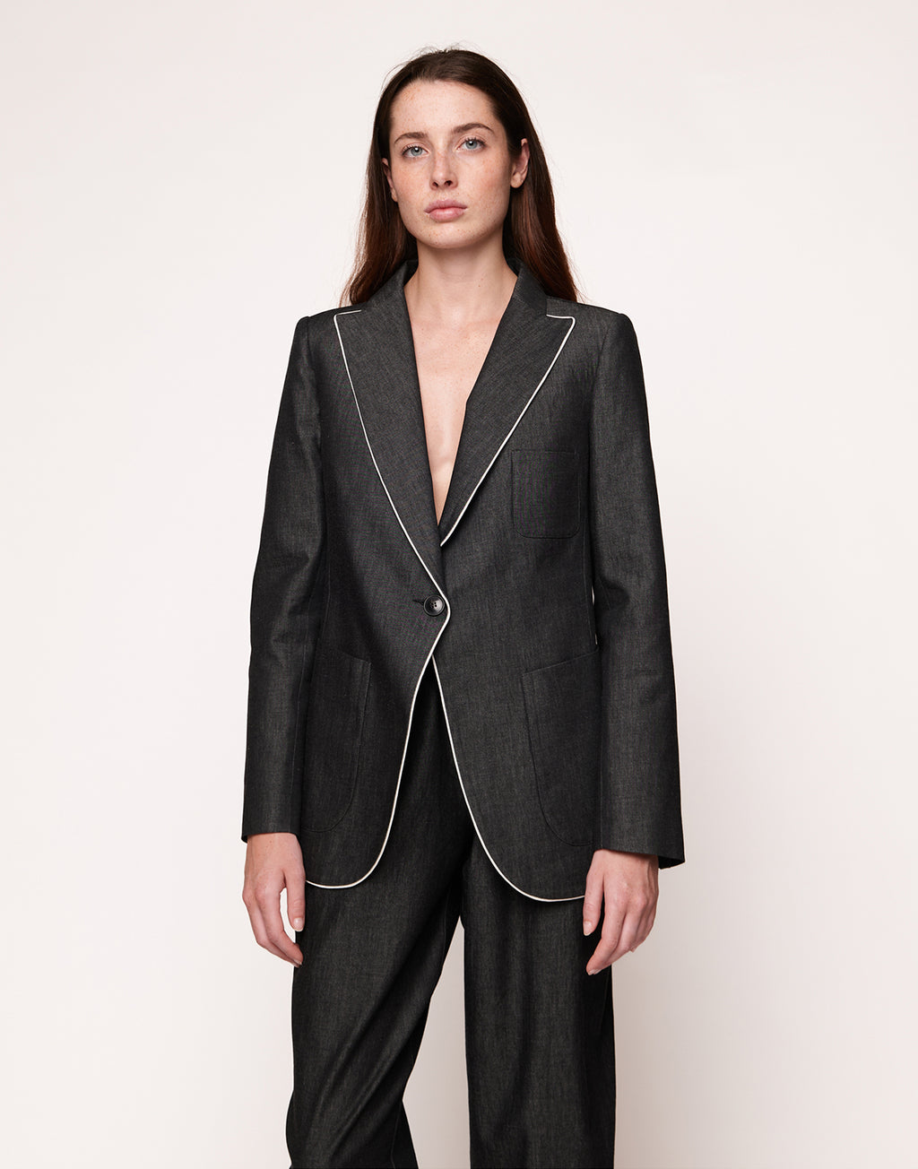 Giacca Monopetto con Piping in Taylored Black Denim