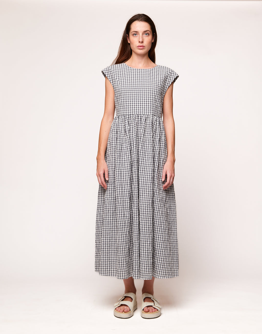 Abito Midi Smanicato in Vichy Embossed Off White/Steel