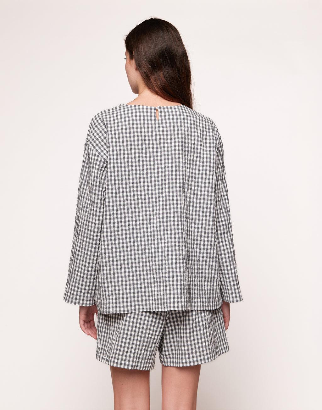 Blusa Boxy a Manica Lunga in Vichy Embossed Off White/Steel