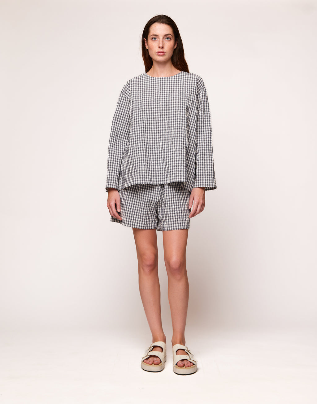 Blusa Boxy a Manica Lunga in Vichy Embossed Off White/Steel