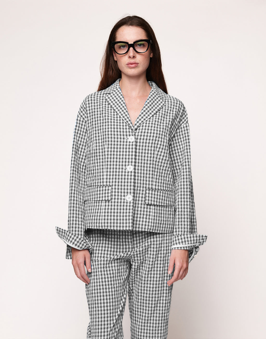 Giacca Destrutturata in Vichy Embossed Off White/Steel