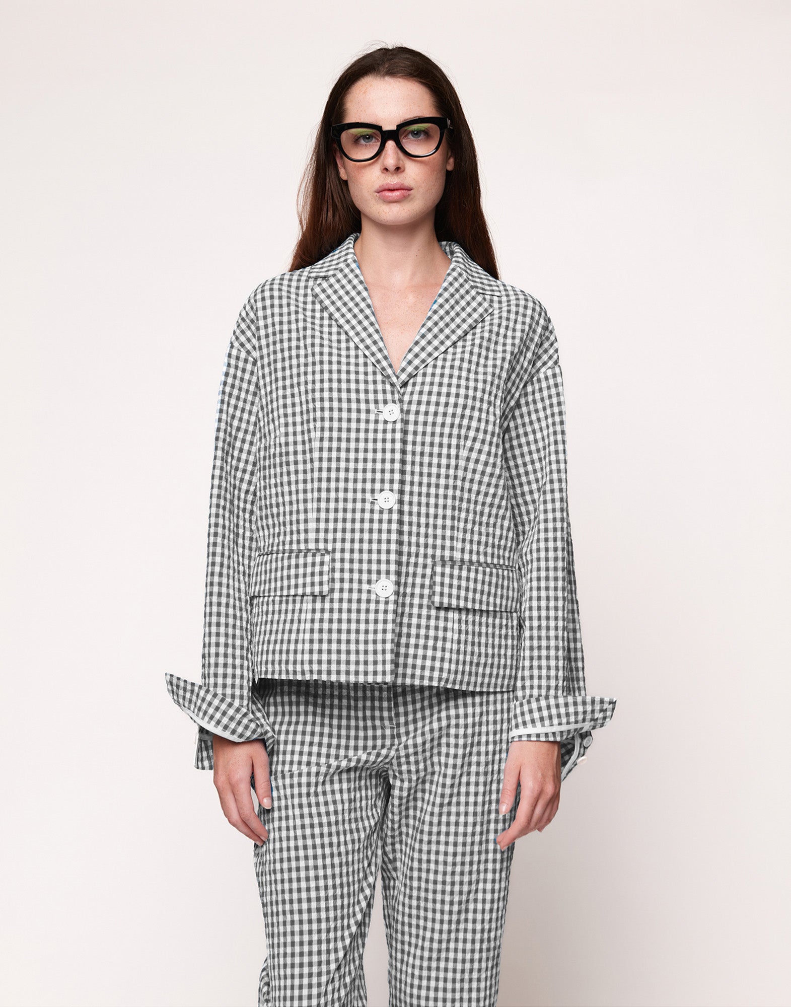 Giacca Destrutturata in Vichy Embossed Off White/Steel