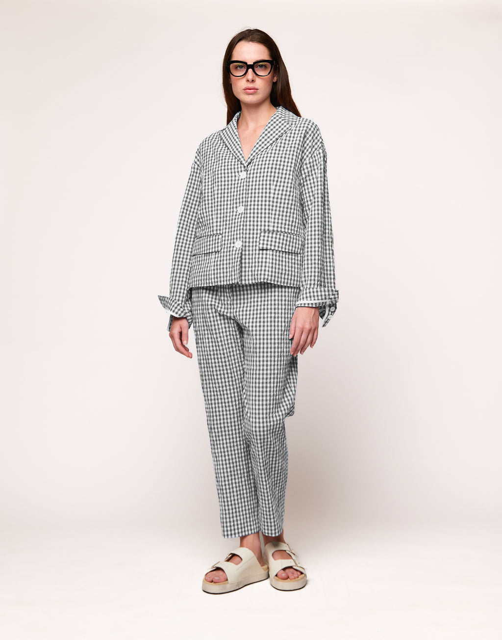 Giacca Destrutturata in Vichy Embossed Off White/Steel