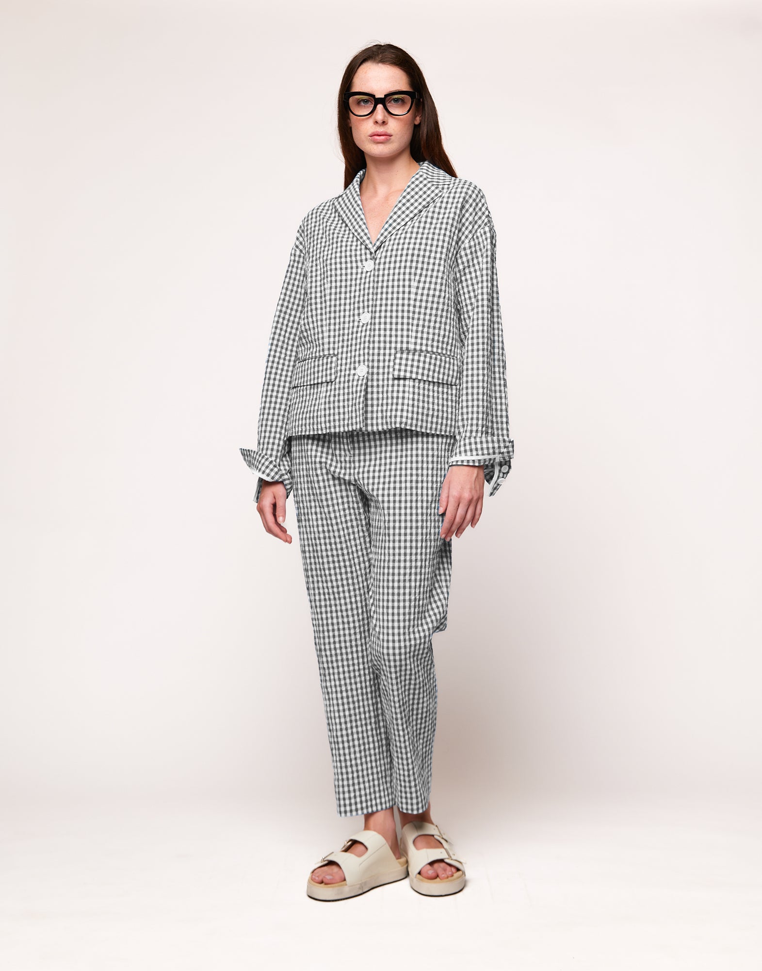 Giacca Destrutturata in Vichy Embossed Off White/Steel