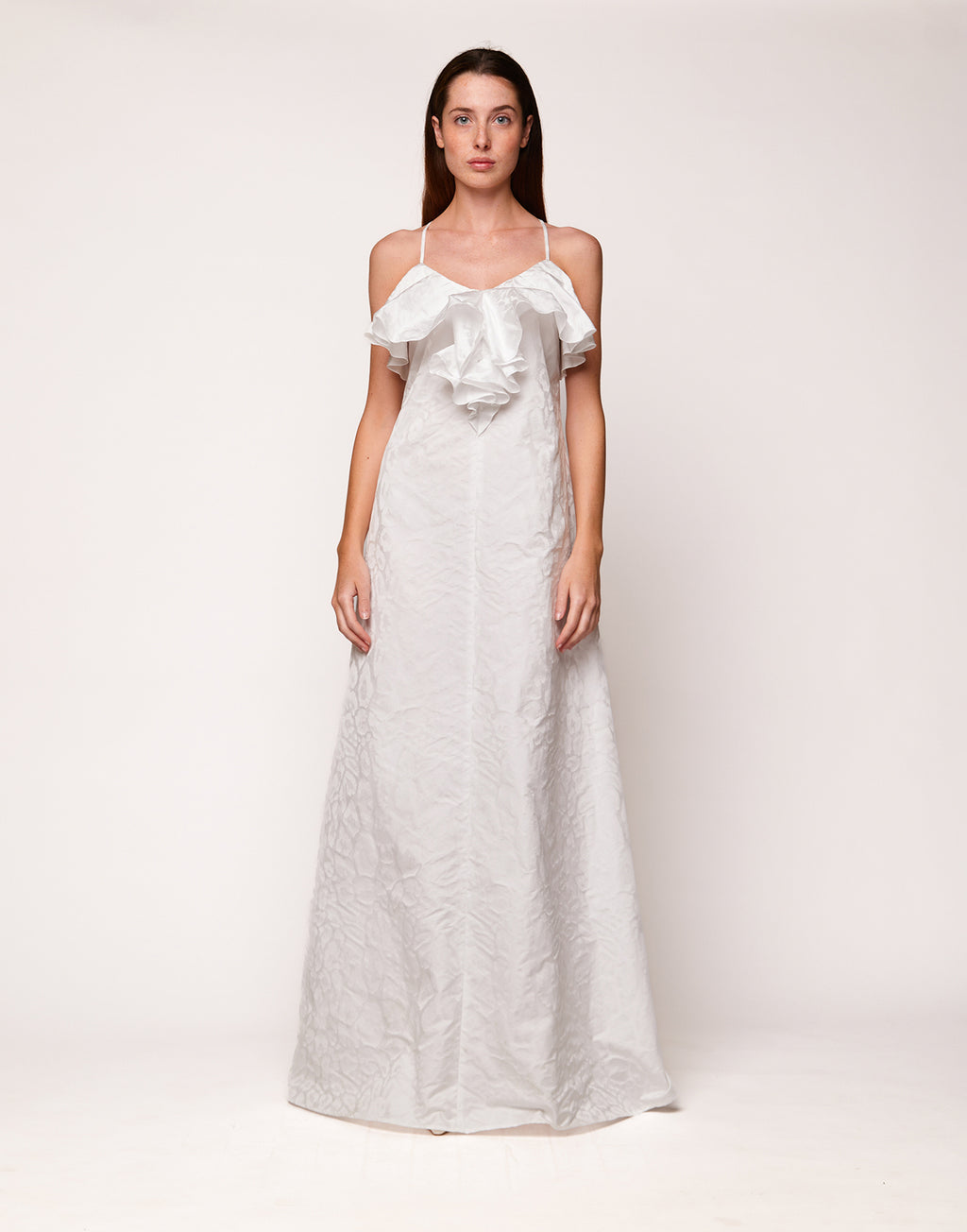Abito Lungo Decollete con Rouche in Taffetas Jacquard Maculato Off White