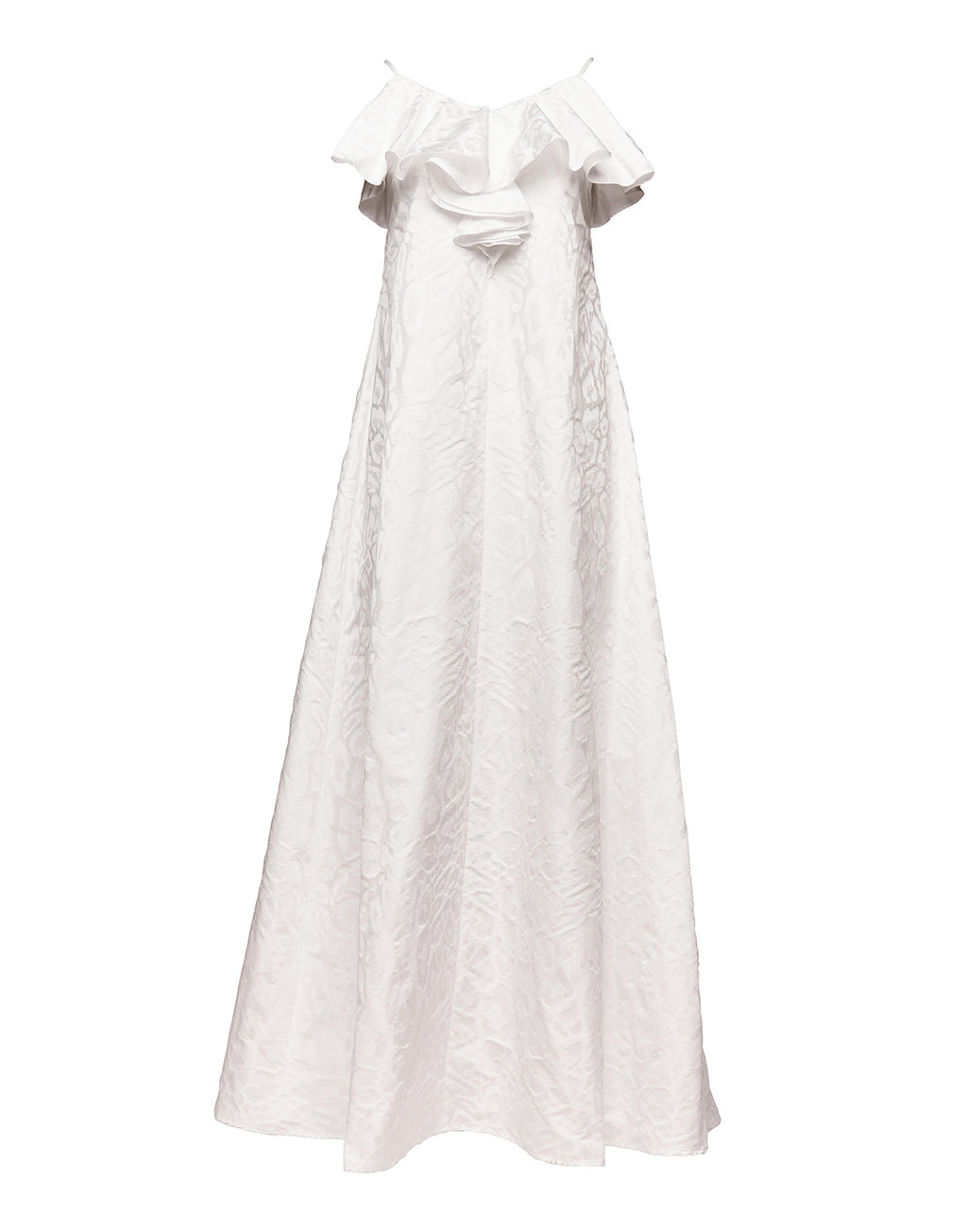 Abito Lungo Decollete con Rouche in Taffetas Jacquard Maculato Off White