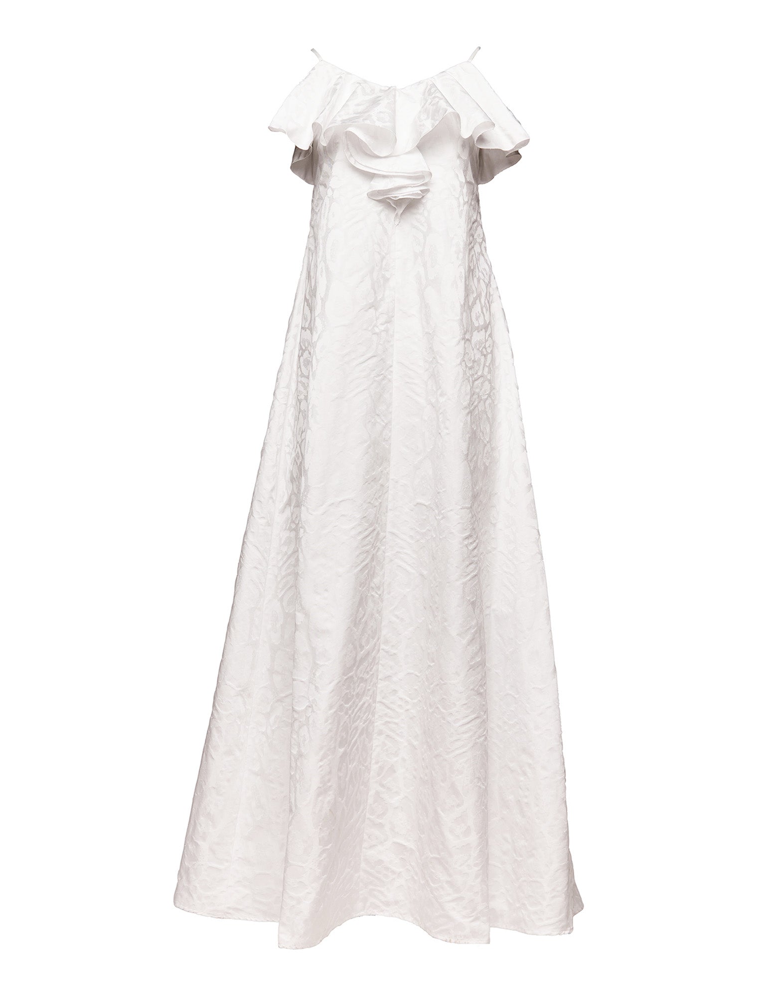 Abito Lungo Decollete con Rouche in Taffetas Jacquard Maculato Off White