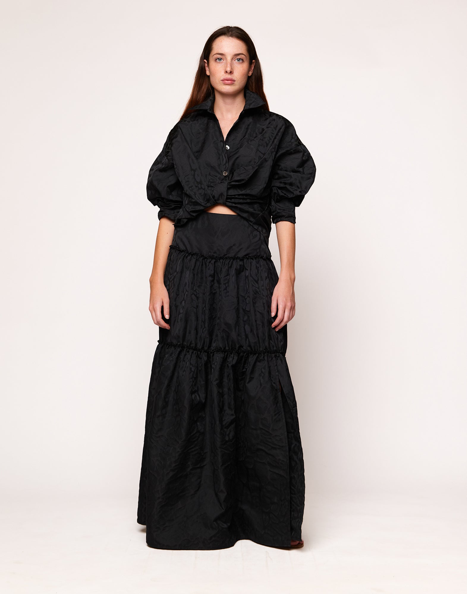Gonna a Balze in Taffettas Jacquard Maculato Nero
