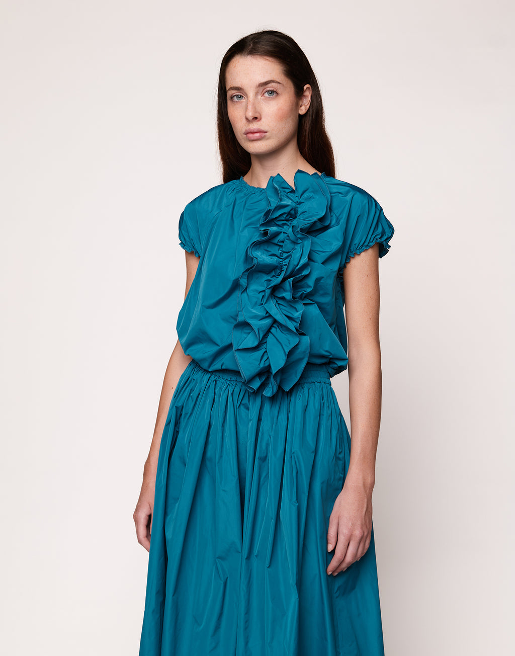 Top con Rouches in Taffetas Microfibra Topazio