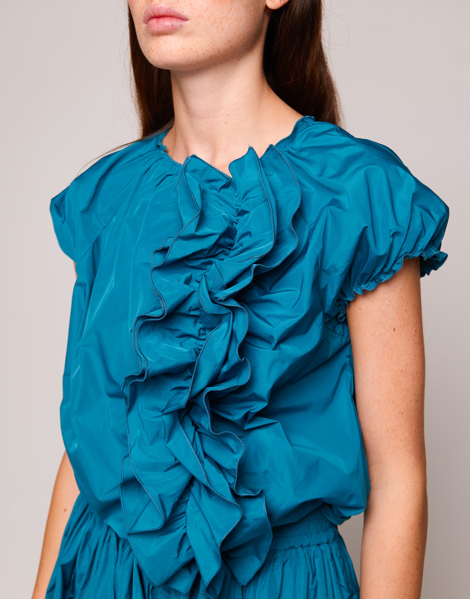 Top con Rouches in Taffetas Microfibra Topazio
