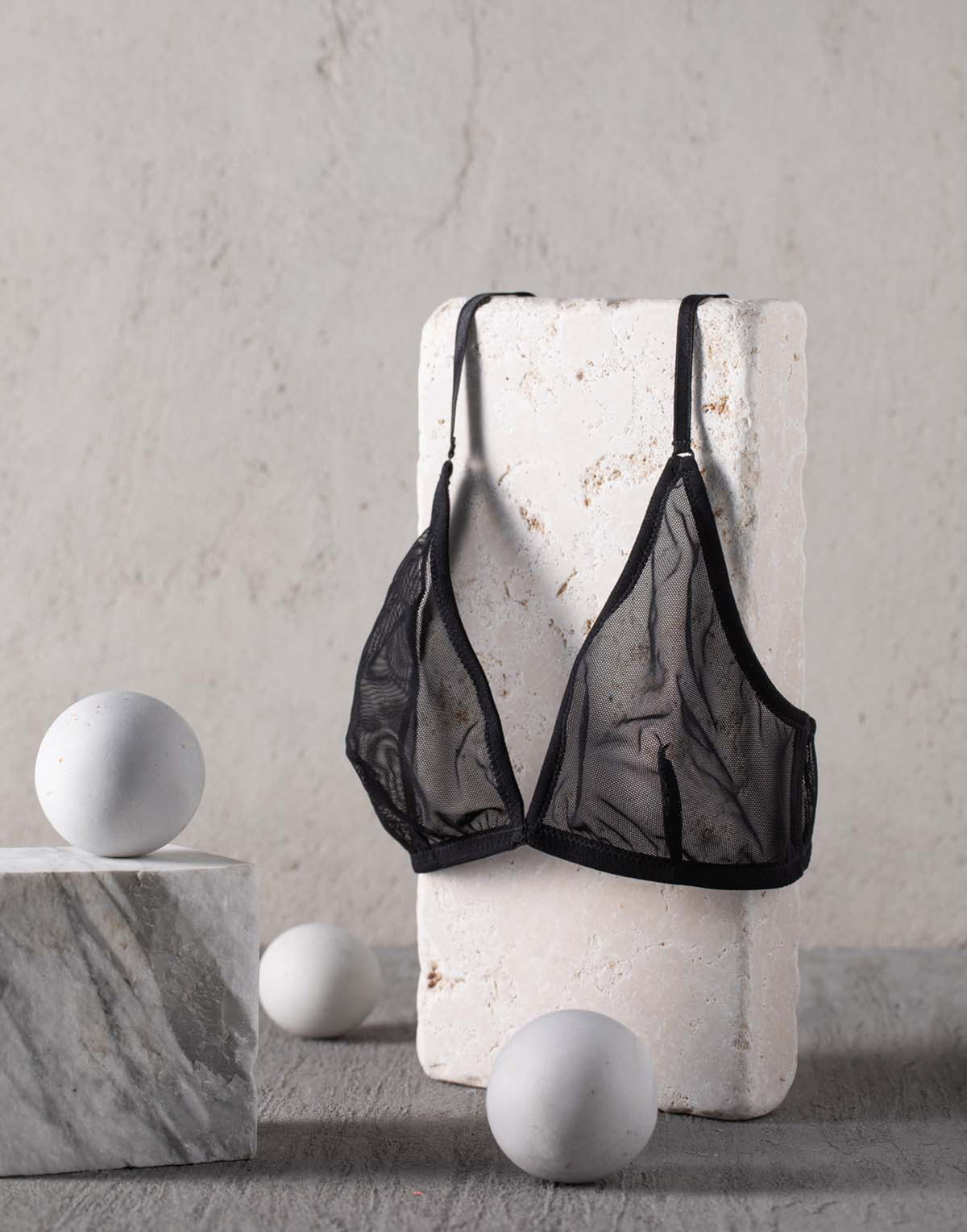 Reggiseno a Triangolo in Tulle Elasticizzato Nero