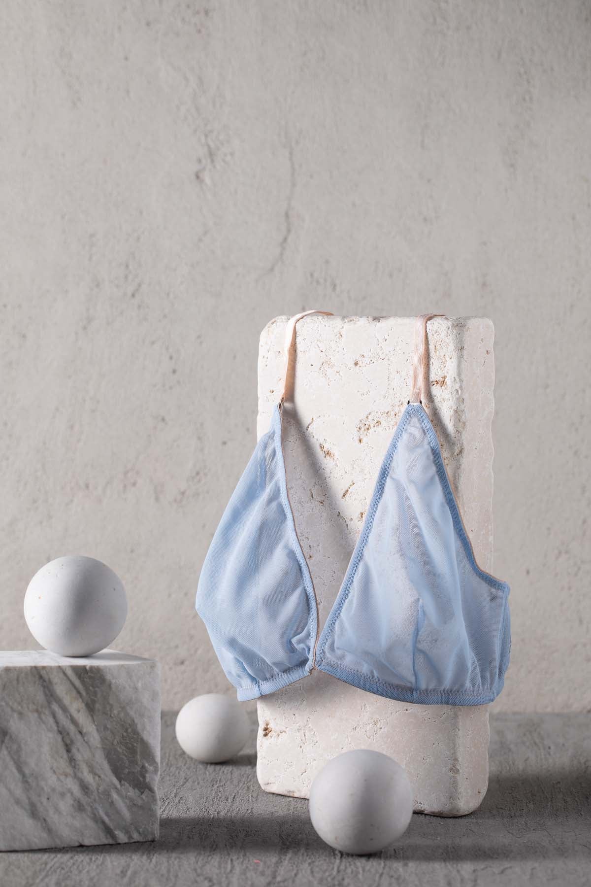 Reggiseno a Triangolo in Tulle Elasticizzato Azzurro