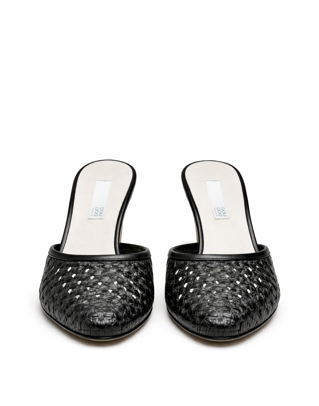 Mules con Tacco in Pelle Intrecciata Nera
