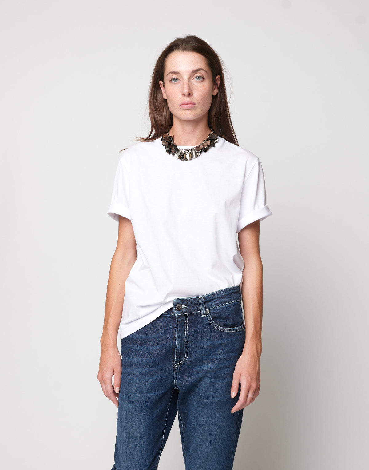 Short Sleeve T-Shirt with Sequin Necklace Off-White