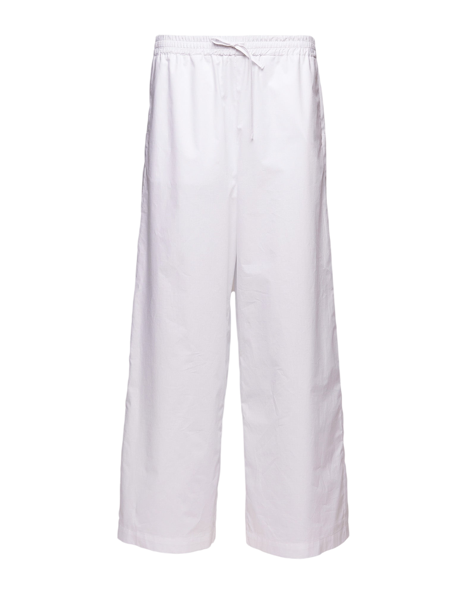 Pantaloni Wide Leg in Popeline di Cotone con Elastico Off White