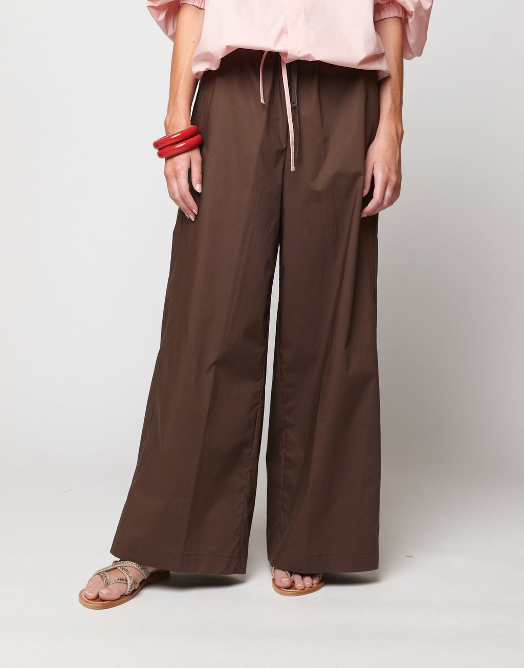 Pantaloni Wide Leg in Popeline di Cotone con Elastico Fondente