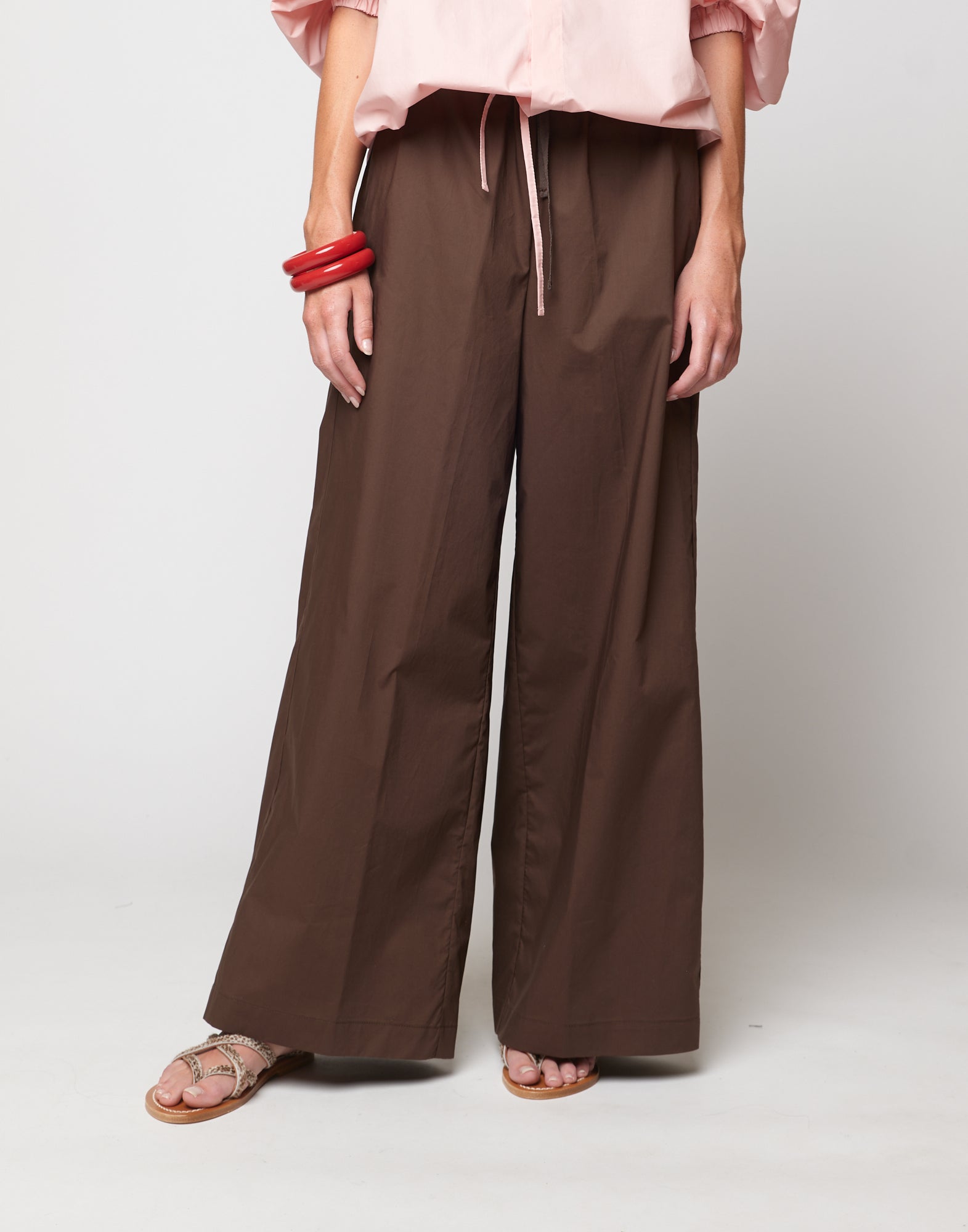 Pantaloni Wide Leg in Popeline di Cotone con Elastico Fondente